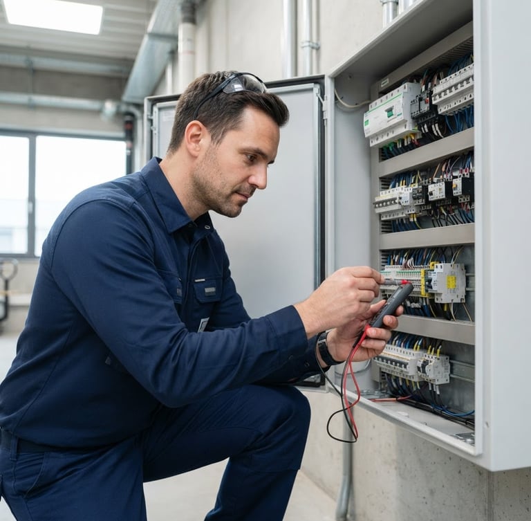 Professional technician in clean, branded uniform, inspecting a modern electrical panel with focused attention, bright neutral indoor lighting, sharp focus, 35mm lens, portrait aspect.