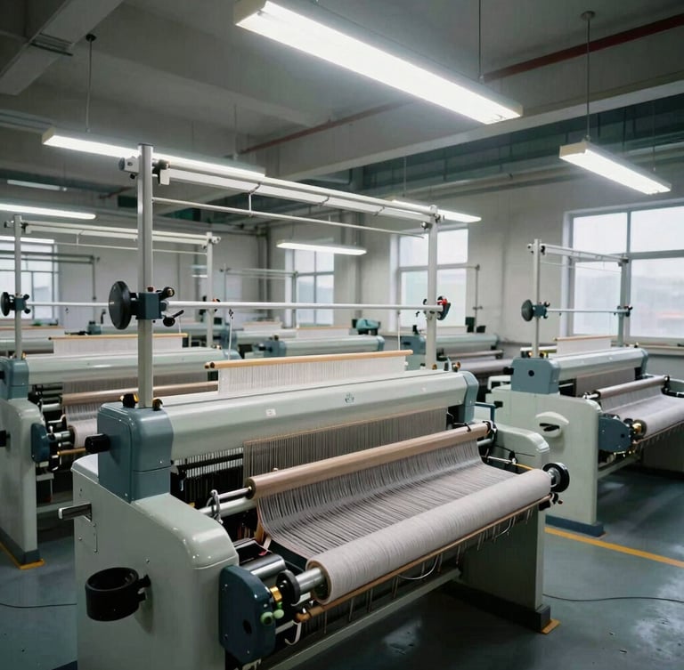 A wide-angle clean industrial loom room with rows of high-speed projectile looms operating under bright overhead industrial lighting, sharp focus, technical atmosphere.