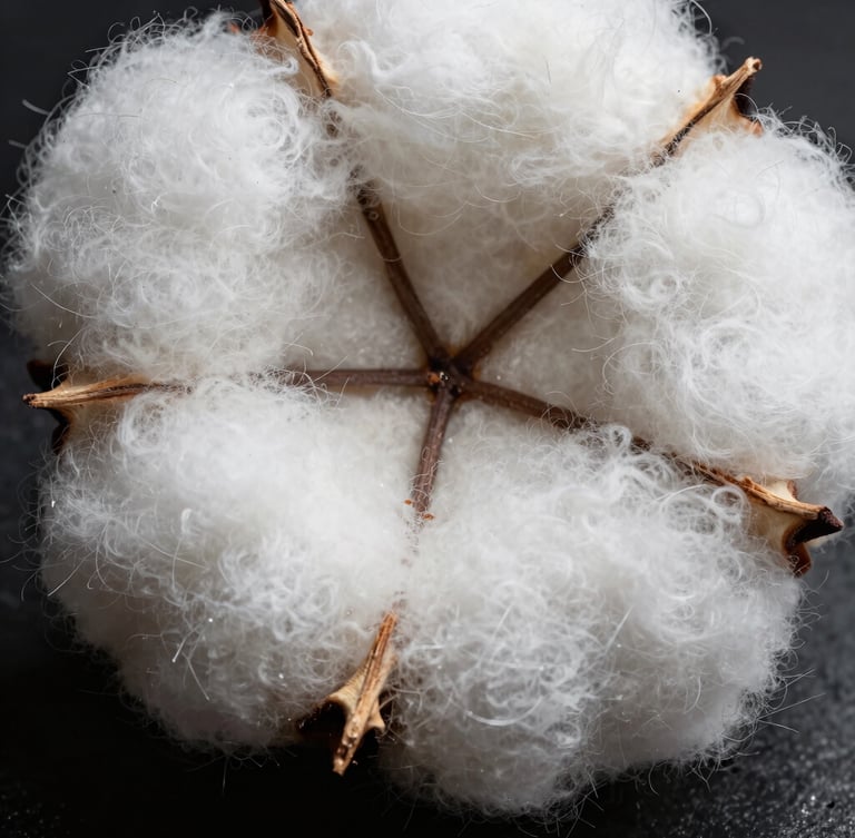 Extreme macro shot of raw cotton fibers showing tight technical weave, high-contrast studio overhead lighting, architectural texture.