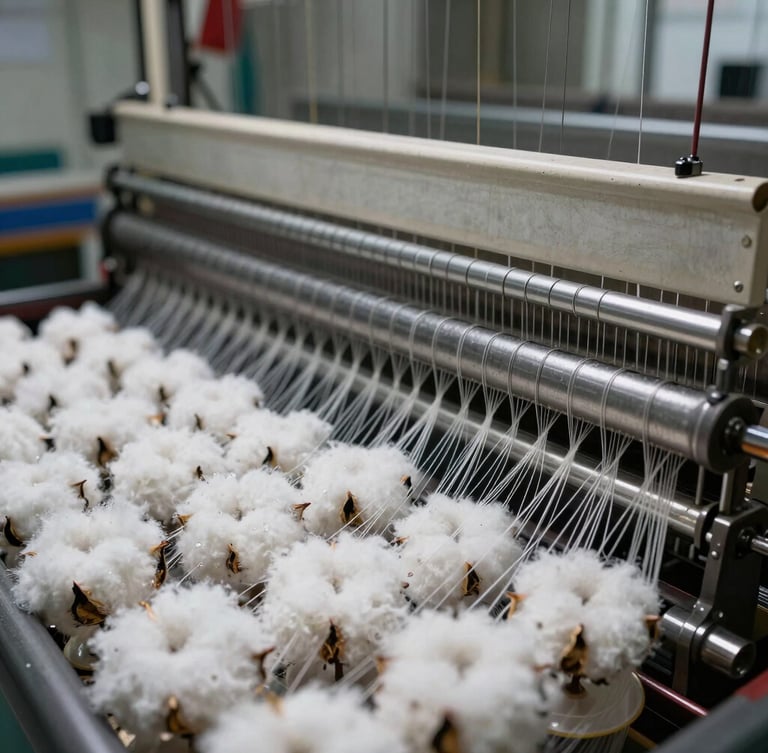 Sharp macro photograph of raw cotton warp threads under high-contrast industrial lighting, showing precise mechanical tension on a high-speed loom room background.