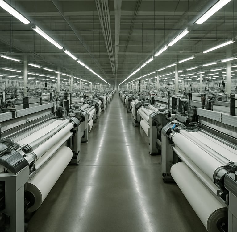 A vast industrial weaving room with rows of modern high-speed looms running under bright, clean overhead lighting.