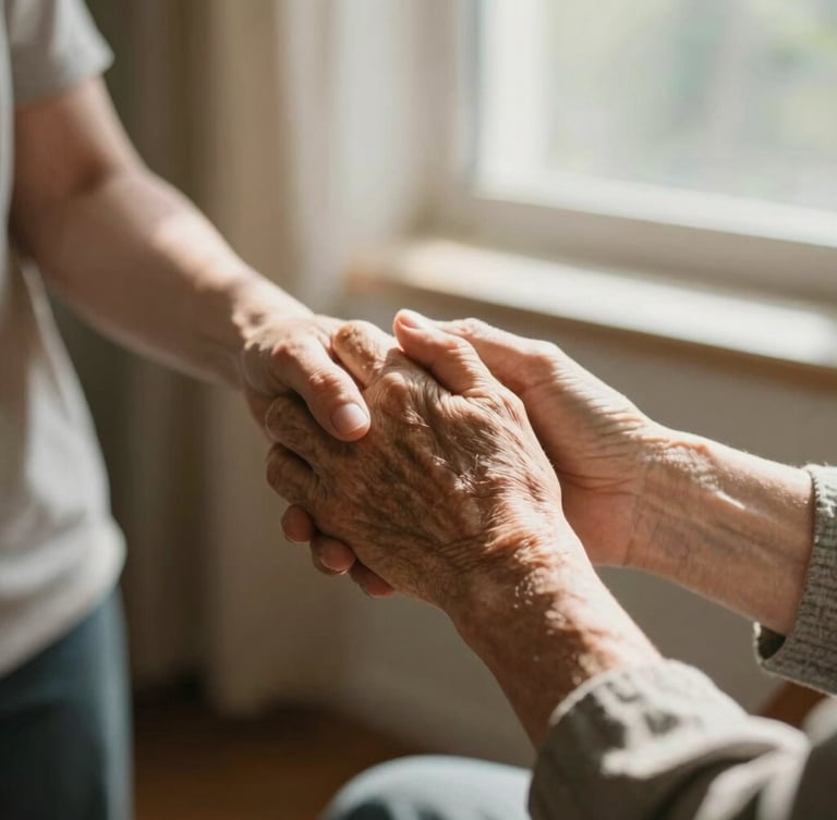 Close-up of a caregiver gently holding an elderly person's hand, warm sunlight streaming through a window, soft focus, authentic and respectful, 35mm photography