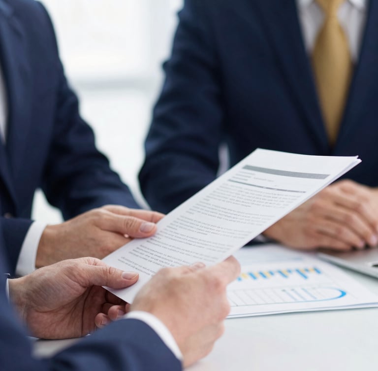 Close-up of professional hands reviewing financial documents on a desk, sharp 50mm, bright clean office lighting, corporate blue tones.