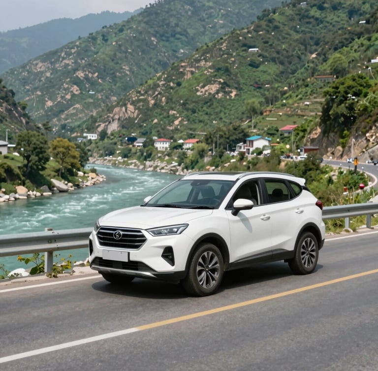 A clean white SUV driving along a winding mountain highway next to the turquoise Ganges river, bright natural daylight, majestic green foothills of Rishikesh in the background, professional travel photography
