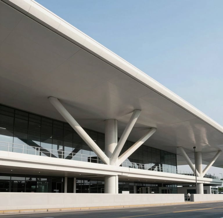 Wide geometric architectural shot of a modern customs terminal, crisp daylight, high-contrast clean lines, no people, emphasizing precision and structure.
