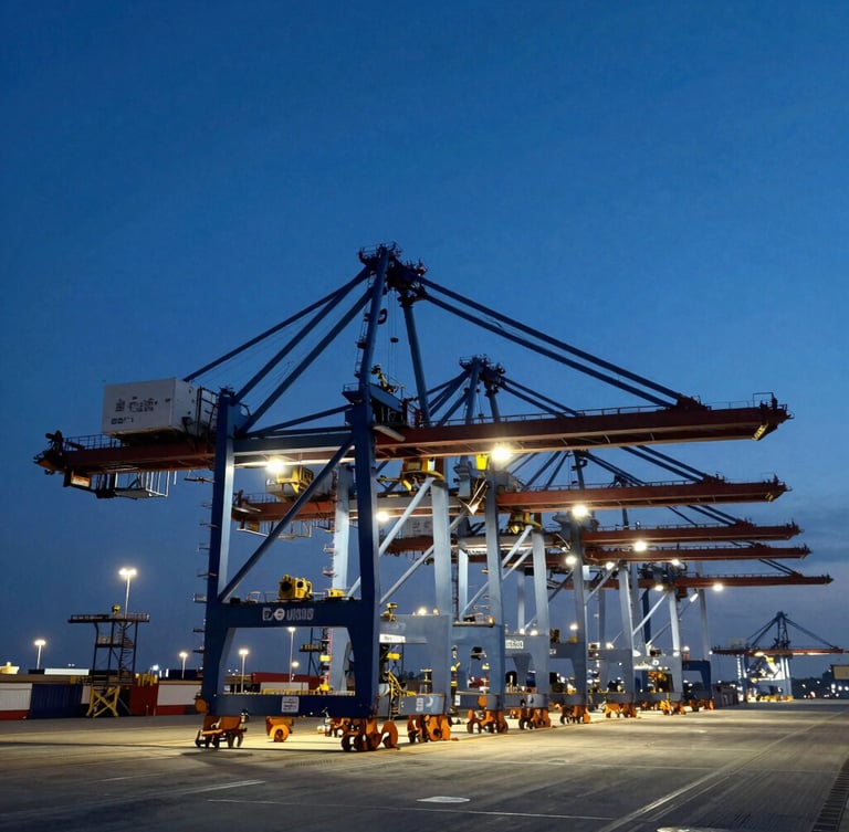 Wide panoramic view of a modern automated port terminal at dusk, high-contrast cool architectural lighting, geometric crane structures casting sharp lines, deep blue sky.