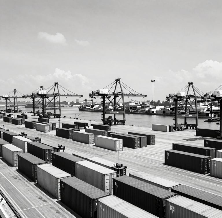 Wide panoramic view of an automated container port terminal in Brazil, high-contrast black and white style, crisp daylight, geometric lines.