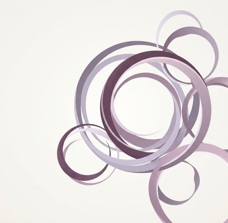 Minimalist vector illustration of soft organic abstract rings in muted plum and lavender tones, clean geometric composition, elegant, with gentle negative space on the left.