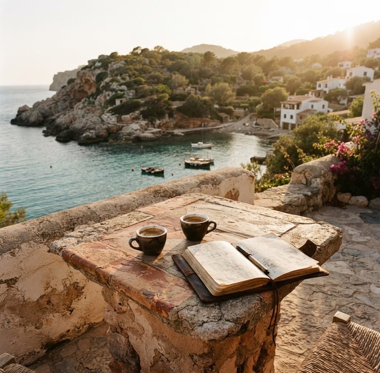 Cinematic wide shot of two espresso cups and an open leather notebook on a textured stone table overlooking a quiet Mediterranean cove at golden hour, soft natural sunlight, 35mm film aesthetic