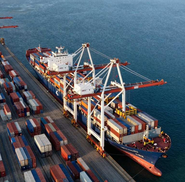 Overhead wide shot of a massive container terminal at golden hour, gantry cranes loading a mega container ship, deep blue water, clean geometric rows of colored containers.