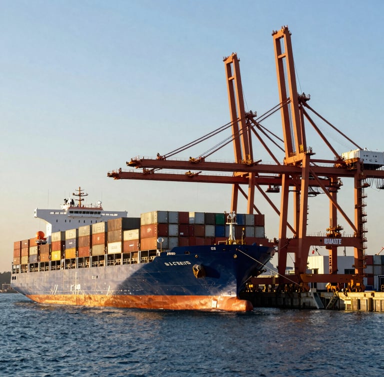 Wide dramatic golden hour shot of a massive container ship docked at a port terminal, towering gantry cranes framing the right side, deep blue water.