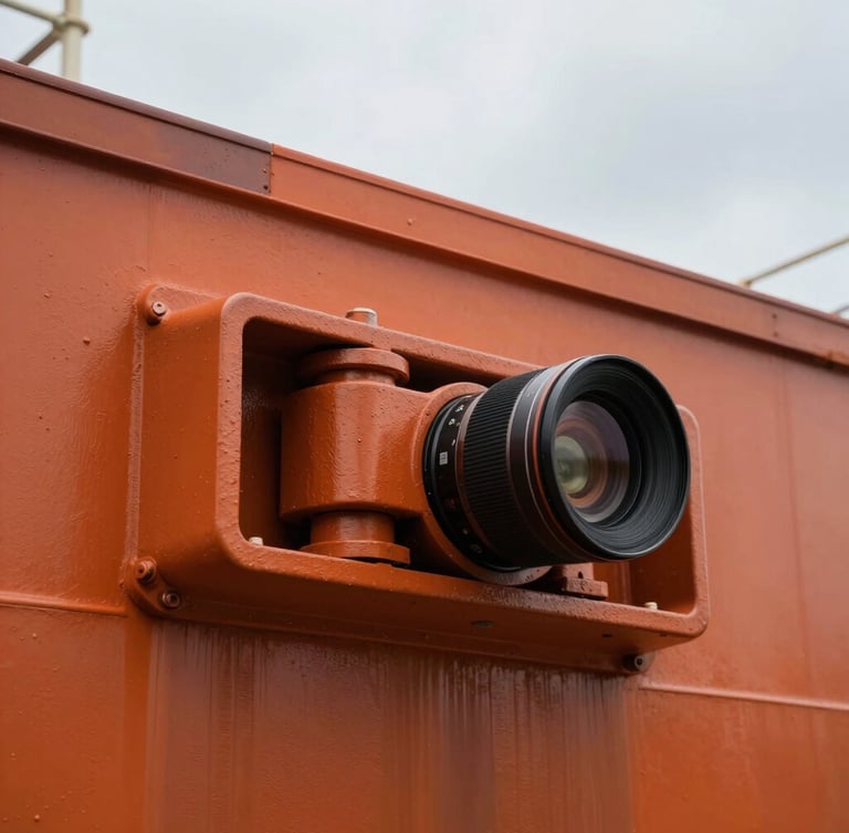Close-up of a heavy steel container locking mechanism on a container ship, industrial orange paint, overcast sky