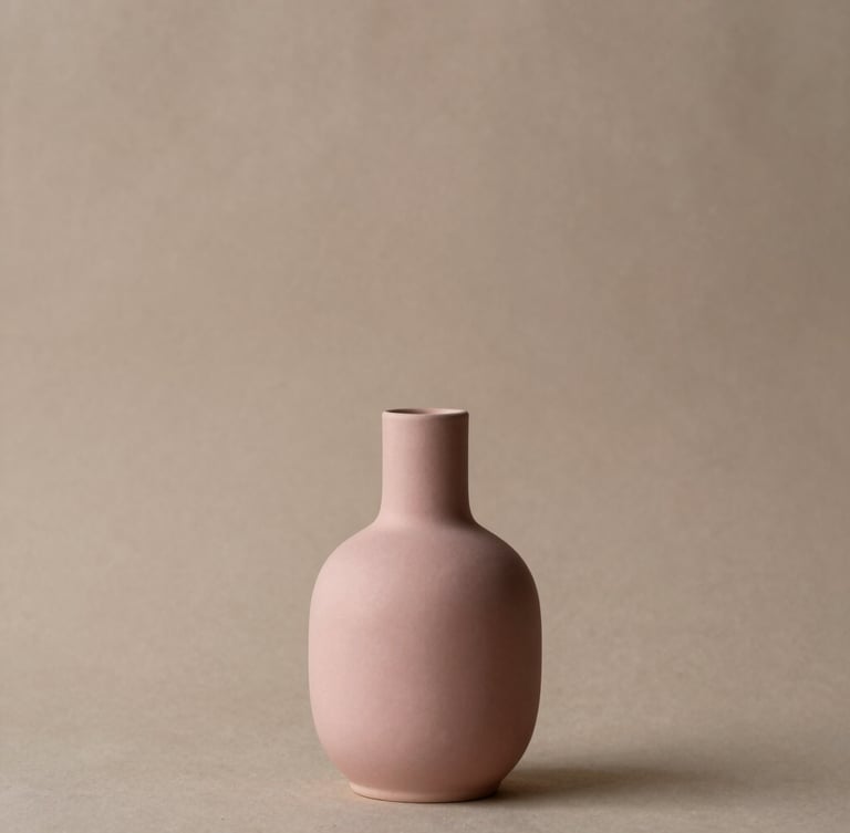 Elegant editorial photography of a single, architectural dusty rose in a minimalist ceramic vase, soft side-daylight, warm taupe plaster backdrop, 35mm