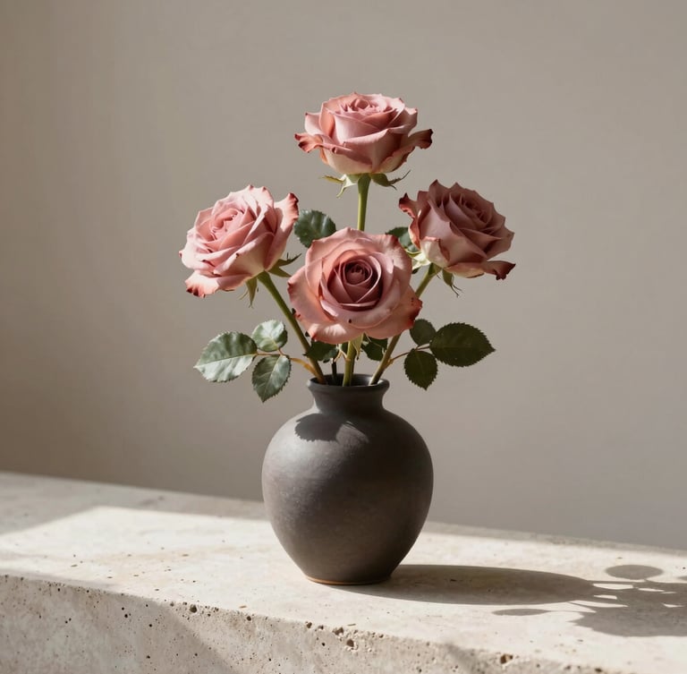 Sculptural single-variety rose arrangement in a minimalist dark ceramic vase on a raw plaster ledge, soft side-daylight casting delicate shadows, muted tones, elegant editorial photography, 35mm