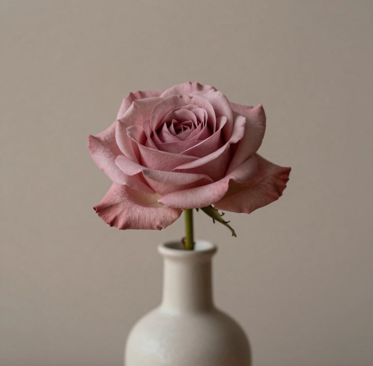 Close-up of a single dusty rose in a minimalist ceramic vase, soft side-daylight, muted warm taupe background, elegant editorial photography, 35mm