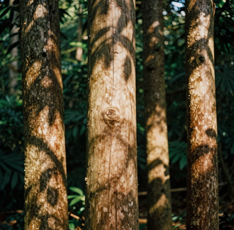 Detailed view of raw chukum textures and local wood columns under soft canopy shadows, warm editorial photography, 35mm film aesthetic