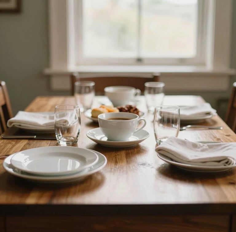 A warm, sunlit communal dining table set for breakfast, with real china and soft textile napkins, rich wood tones, soft natural window light, shallow depth of field, 35mm