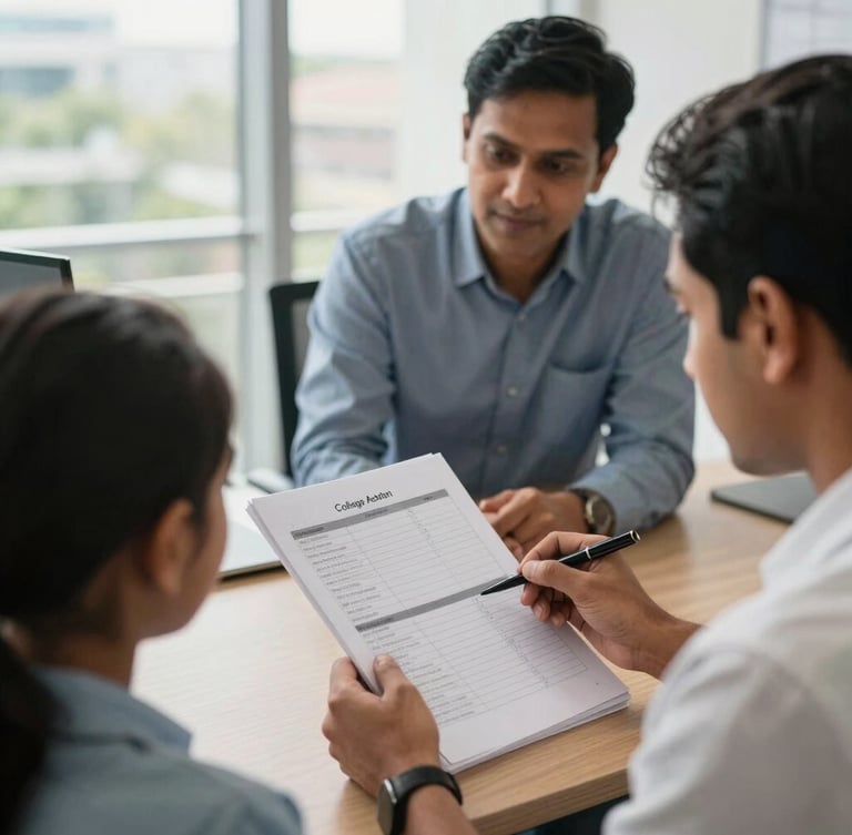 Over-the-shoulder shot of an Indian parent and student reviewing a college admission spreadsheet with a professional consultant in a sunlit, modern Bangalore office.