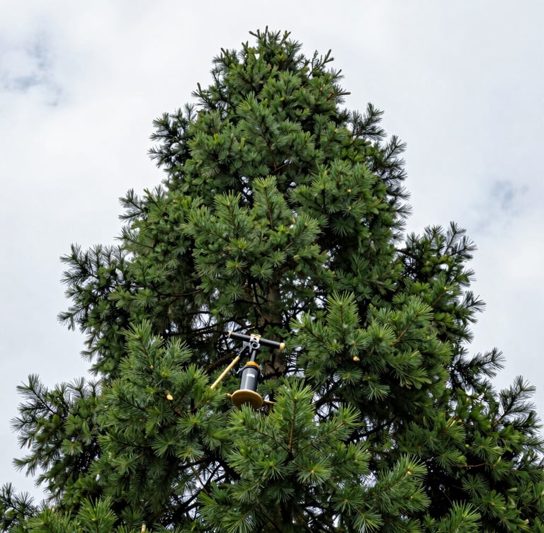 A certified arborist inspecting a deep green hemlock canopy under overcast sky, high-detail pine needles, technical forestry tools visible, crisp botanical photography