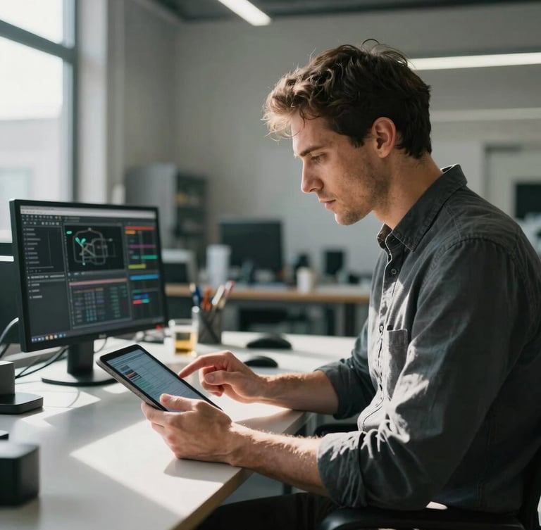 Crisp natural daylight environmental portrait of a focused business owner reviewing a digital dashboard on a tablet in a modern workshop, deep shadows, high-contrast