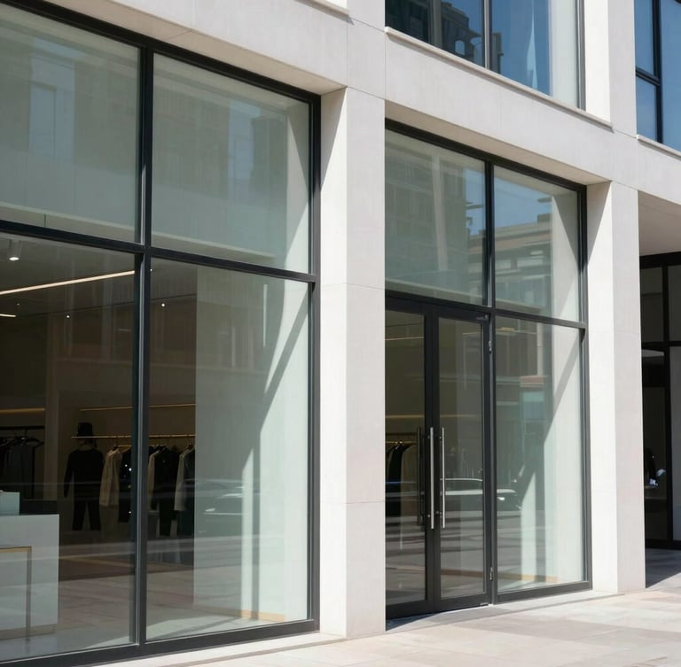 Crisp architectural photography of a modern commercial storefront with large, flawless glass panels reflecting bright daylight and clean geometric lines.