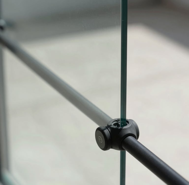Macro detail of a clean black silicone seal on a thick frameless glass pane, modern architectural context, bright natural daylight, sharp reflections, minimal geometric composition