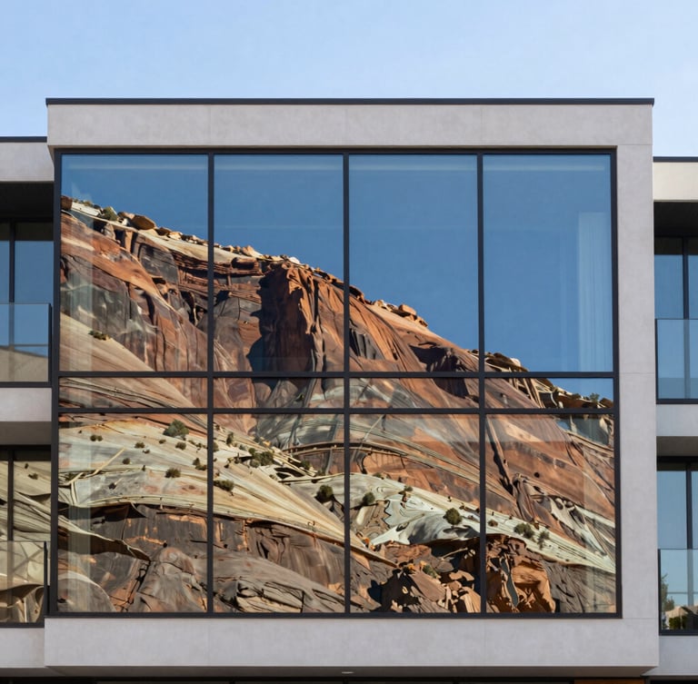 Crisp architectural photography of a modern residential glass facade in Southern Utah, bright natural daylight, sharp geometric reflections of desert cliffs, clean composition, 35mm