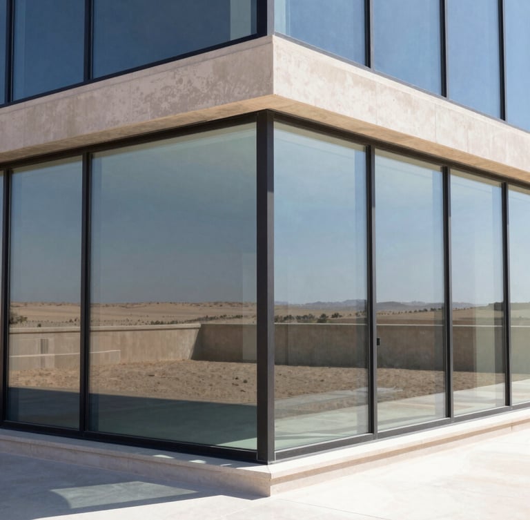 Crisp architectural photography of a modern frameless glass corner window, bright natural desert daylight reflecting off the clean glass surface, sharp geometric lines, 35mm