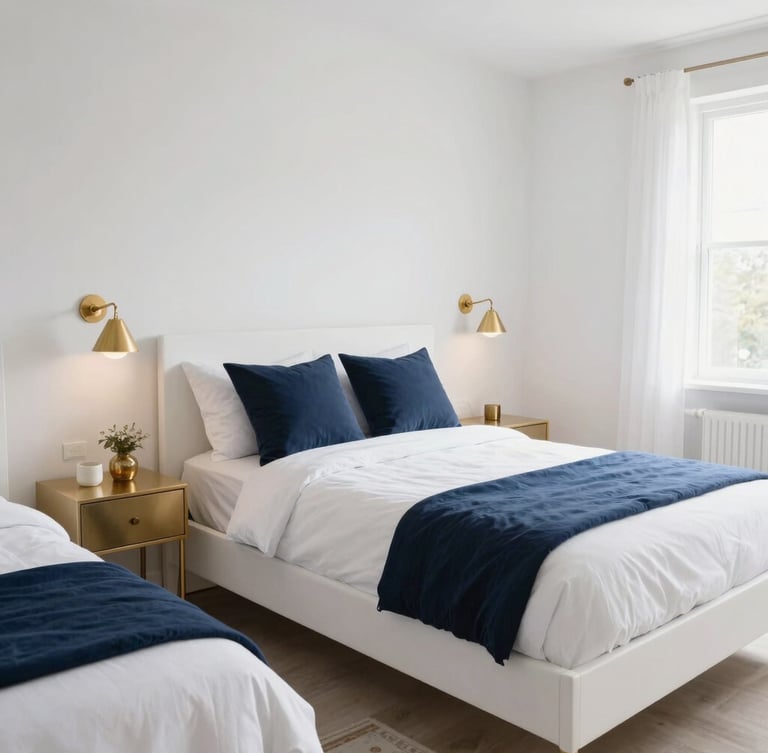 Bright interior photography of a tidy, fully furnished bedroom with natural daylight, showing a dual-bed setup with neat nightstands, clean white and navy tones, warm gold accents, sharp focus, 35mm