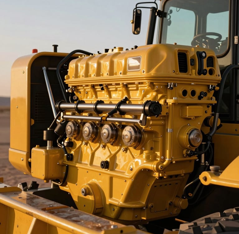 Close-up of a pristine heavy machinery engine bay, clean metallic yellow paint, high-contrast industrial luxury details, golden-hour light