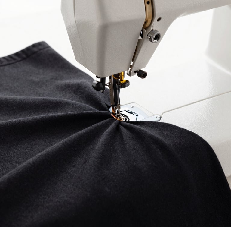 Macro close-up of heavy-drape black cotton fabric being stitched on an industrial sewing machine, bright diffused daylight highlighting the textile grain, premium editorial fashion photography style, 35mm lens