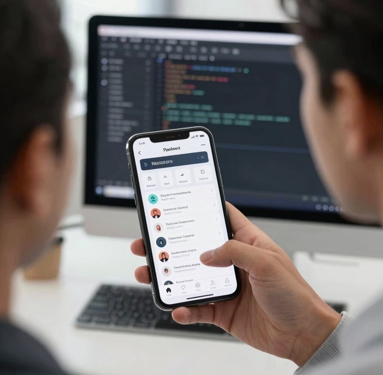 Over-the-shoulder view of a developer testing a high-fidelity mobile UI mockup on a physical iPhone, bright Pune office daylight, clean screen glow, active code editor visible on a monitor in the background.