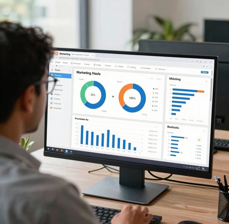 An over-the-shoulder shot of a developer analyzing real-time marketing analytics dashboards on a large monitor in a bright Pune office, natural daylight.