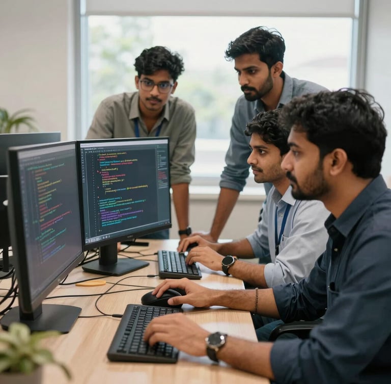 Bright, high-fidelity shot of Xomda's development team collaborating in their Pune office, looking at code on a vertical monitor, natural daylight