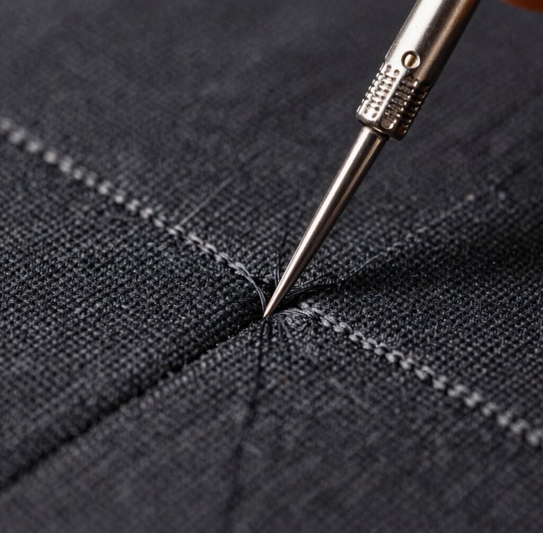 Tight macro shot of a heavy-duty embroidery needle piercing charcoal canvas fabric, high-contrast workshop lighting, rich thread texture, 50mm lens