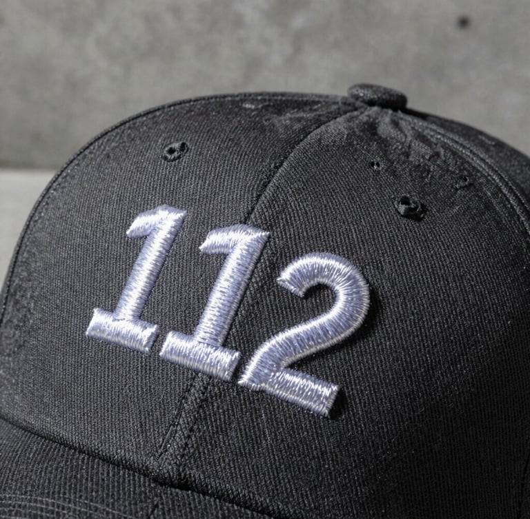Macro tactile product photography of a structured charcoal Richardson 112 cap, high-contrast side-lighting highlighting the thick, high-density white embroidery stitches on the front crown, concrete workshop background.
