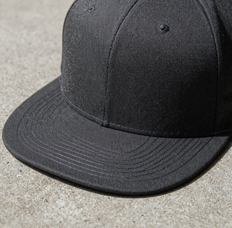 Tight product photography of a structured charcoal Richardson 112 snapback cap on a neutral concrete slab, high-contrast workshop lighting, sharp macro details of the fabric weave.
