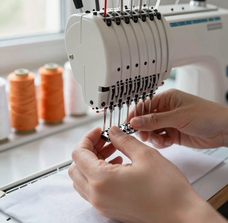 Close-up of hands adjusting thread on a heavy-duty multi-needle embroidery machine, natural side-light from a workshop window, spool rack of orange and white threads blurred in the background.