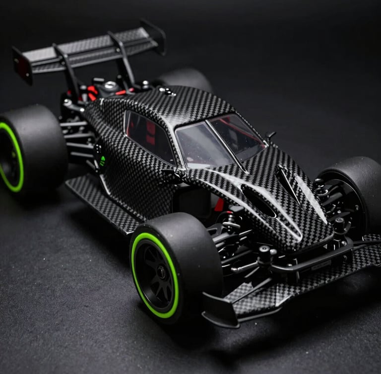 Extreme macro shot of a carbon-fiber RC car chassis, low-angle, dramatic low-key studio lighting with sharp neon green rim lights, high contrast