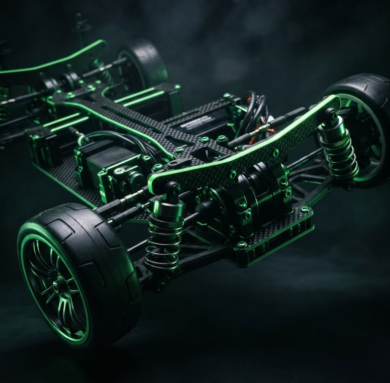 Low-angle dramatic portrait shot of a raw carbon-fiber RC car chassis, neon green rim lighting, high-contrast shadows, 35mm lens, atmospheric dark background