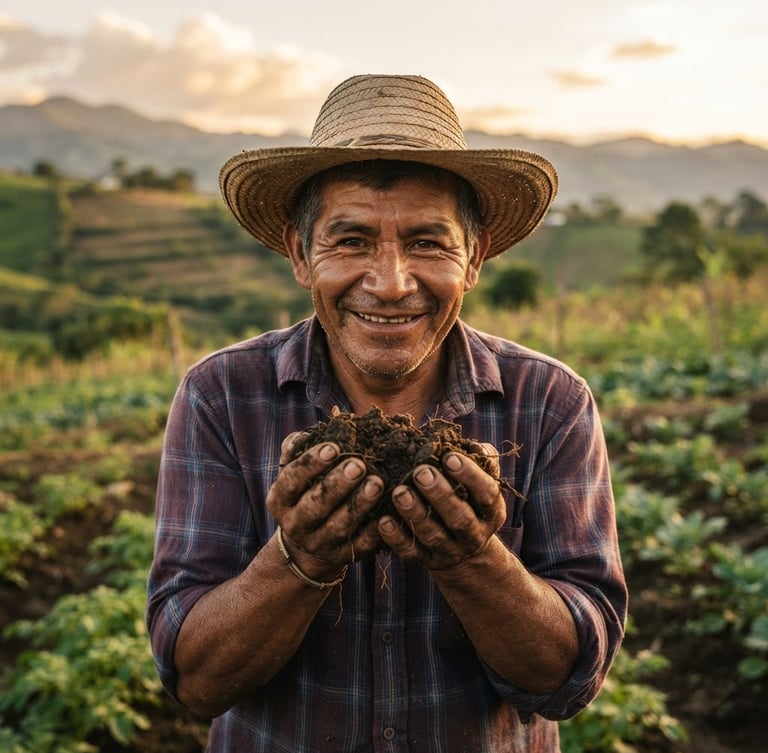 Primer plano de un agricultor local de Intibucá, Honduras, de mediana edad, con el rostro curtido por el sol, sonriendo genuinamente mientras sostiene un puñado de tierra fértil. Luz cálida de atardecer, enfoque en la dignidad y la conexión con la tierra, con un campo cultivado difuminado al fondo. Estilo fotográfico editorial, tonos terrosos.