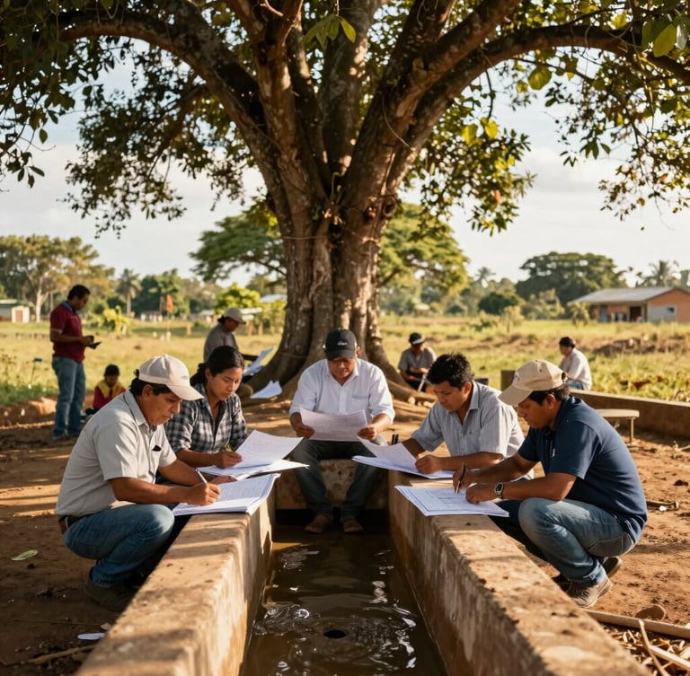 Ingenieros locales y miembros de la comunidad rural de Lempira revisando planos de un acueducto bajo un árbol grande, en un día soleado. Ambiente colaborativo.