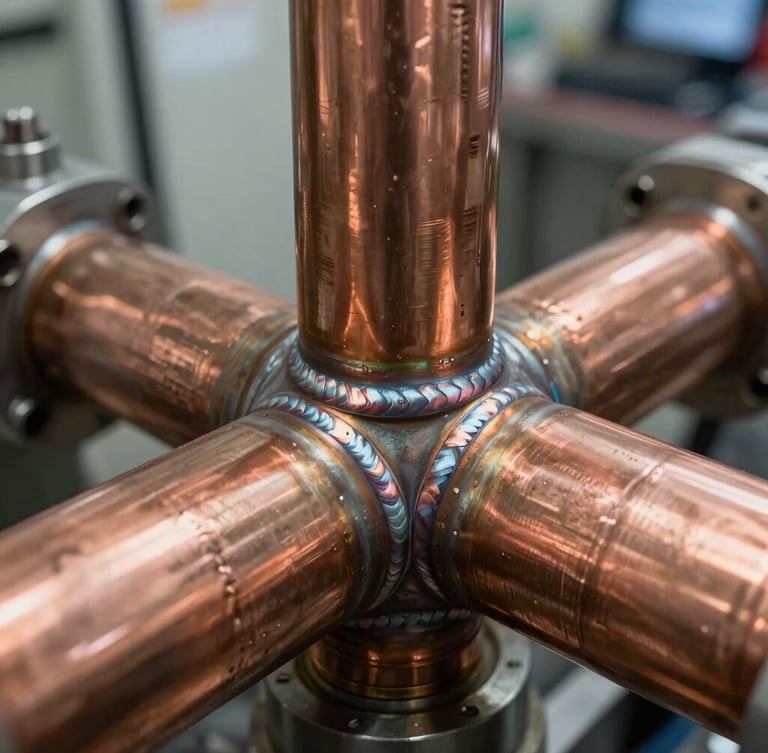 Extreme close-up of a flawless copper manifold joint with clean TIG welds in a commercial mechanical room, sharp industrial lighting.