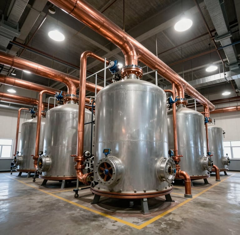 Wide-angle architectural shot of a pristine commercial boiler room, complex overhead copper manifolds, clean industrial lighting, high contrast.