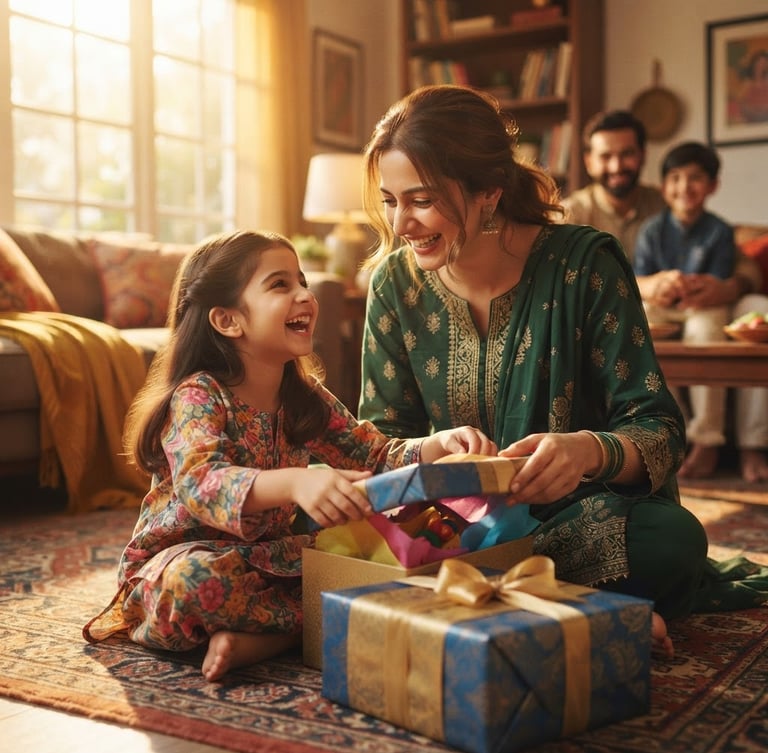 Warm editorial photography, golden-hour window light, rich saturated tones, shallow depth of field, elegant styling, 35mm. A heartwarming portrait of a Pakistani family, a mother and child, joyfully unboxing a beautifully wrapped gift, soft focus on their smiling faces, gift box prominent in foreground.