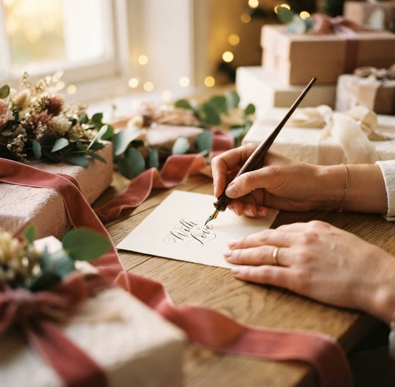 Warm editorial photography of hands writing a personalized gift card with elegant calligraphy pen, surrounded by soft-focus premium gift packaging, deep rose ribbons, and soft golden light, shallow depth of field, 35mm