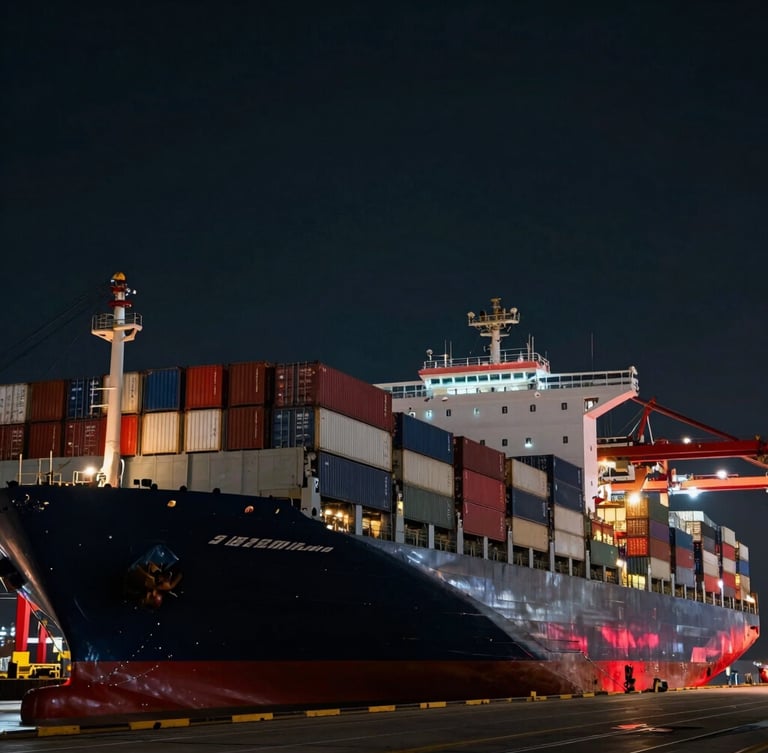 Low-angle shot of a massive cargo ship loaded with shipping containers at a harbor, dramatic industrial lighting, dark moody night scene with red accents