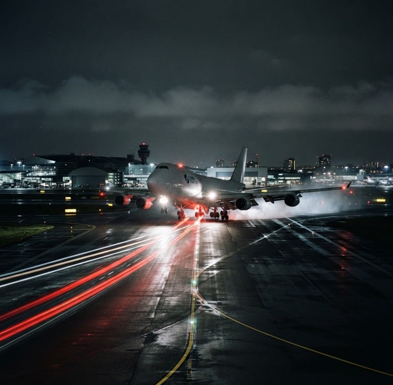 Dramatic cinematic wide-angle shot of a cargo airplane landing at night, red and white light trails on the runway, dark moody atmosphere, 35mm photography