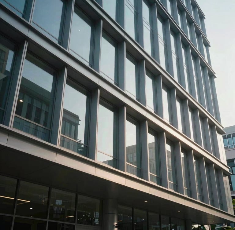 Wide environmental architectural shot of a modern corporate building facade with clean steel lines and glass panels, cool-toned natural daylight, soft realistic shadows.