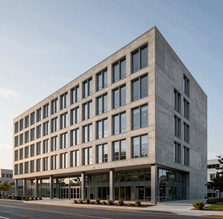 Wide architectural shot of a modern concrete and steel corporate headquarters, clean structural lines, cool morning daylight, soft shadows.